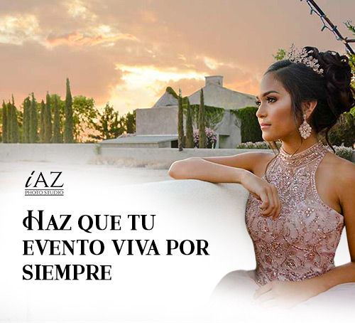 Banner publicitario con quinceañera en vestido elegante mirando al atardecer y el texto “Haz que tu evento viva por siempre”, con AZ Foto y Video e IAZ Photo Studio.